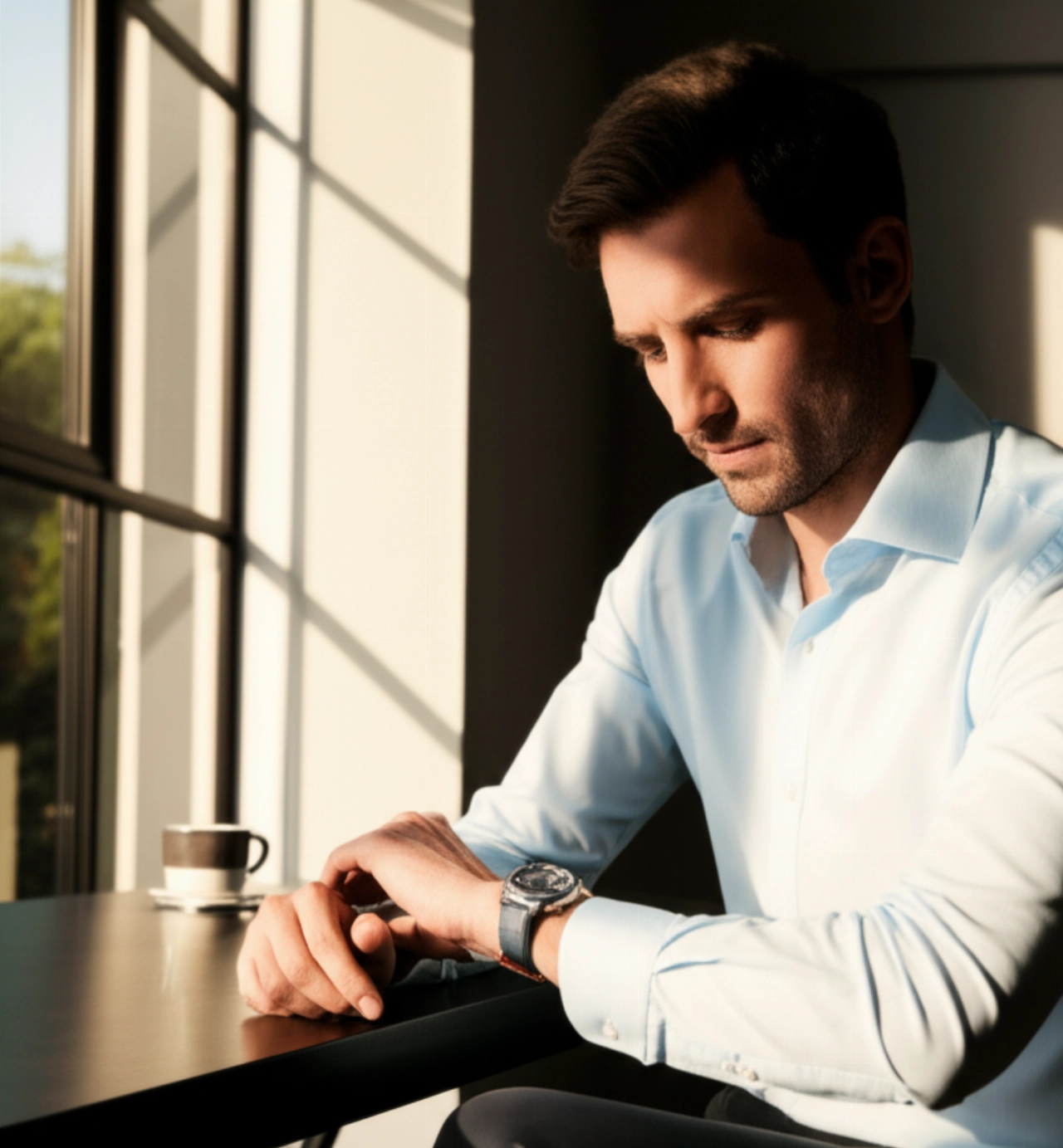 Uomo caucasico elegante che indossa un Tissot PRX Powermatic 80 in un moderno ambiente di lavoro, con luce naturale che illumina la scena.