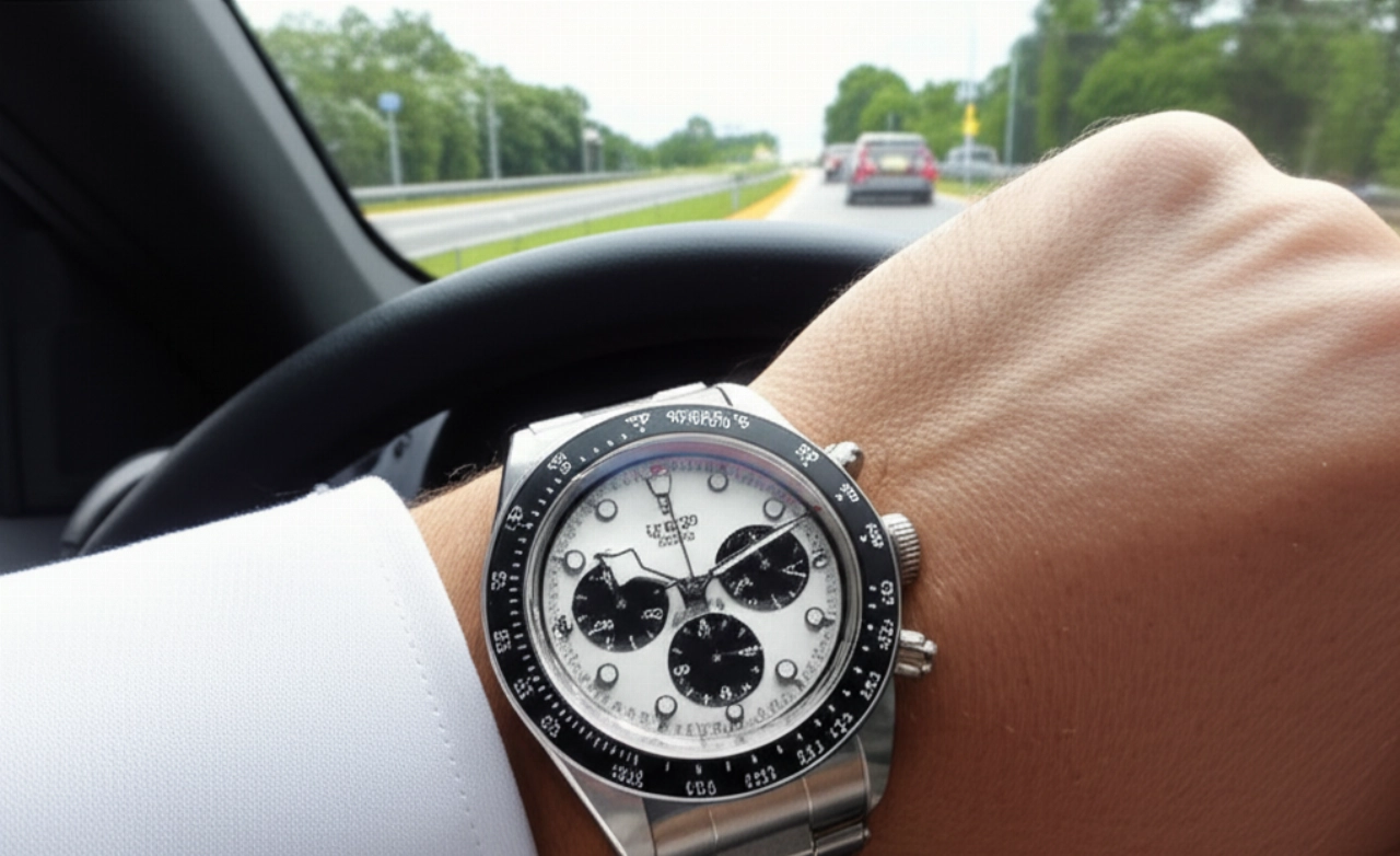 Orologio Tudor Black Bay Chrono al polso di un uomo alla guida di un'auto sportiva, con un effetto dinamico e iperrealistico.
