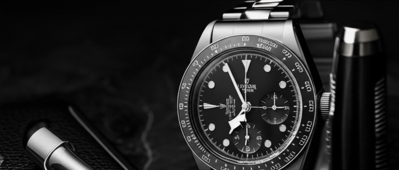 Immagine iperrealistica e dettagliata di un orologio Tudor Black Bay Chrono su una superficie di marmo, con oggetti di lusso.