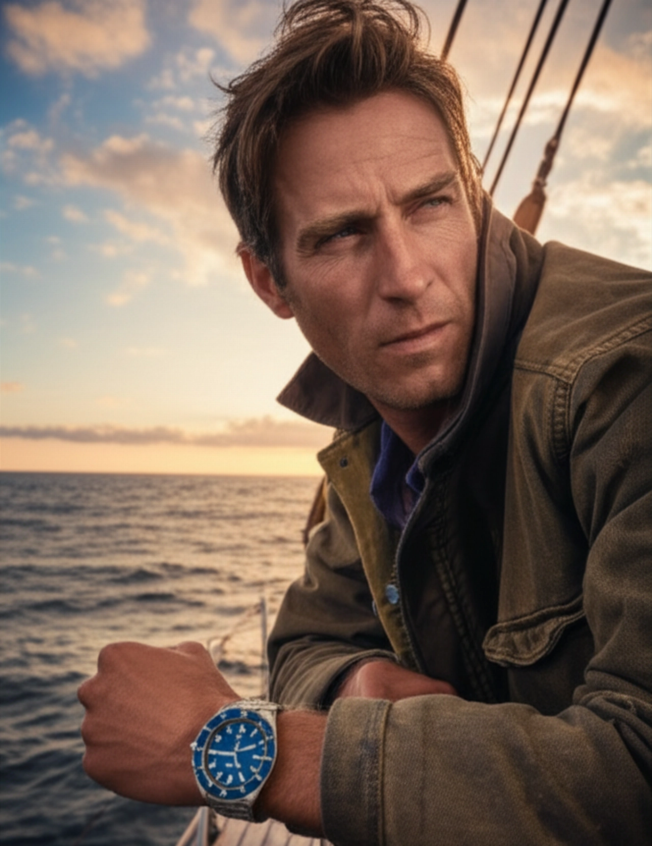 Un uomo caucasico in piedi sul ponte di una barca a vela al tramonto, con un orologio Tudor Pelagos al polso, sullo sfondo un oceano calmo e un cielo dai colori caldi.