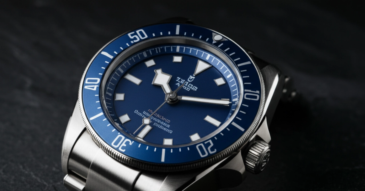 Macro iperrealistica di un orologio Tudor Pelagos blu, con cassa in titanio e quadrante opaco, poggiato su una superficie di ardesia scura, che evidenzia i dettagli della lunetta e degli indici.