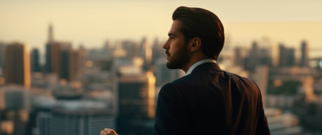 Immagine iperrealistica di un uomo caucasico elegante che osserva un panorama urbano al tramonto, con un orologio Vacheron Constantin Overseas visibile al polso, evocando un senso di lusso e viaggio.