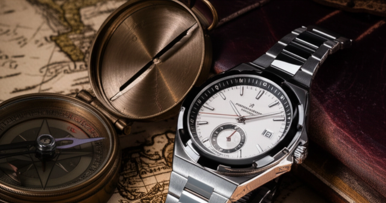 Natura morta iperrealistica di un orologio Vacheron Constantin Overseas posato su una mappa antica, affiancato da una bussola vintage, simboleggiando avventura e precisione.
