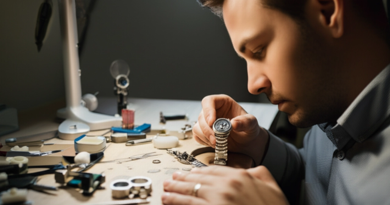 Persona caucasica seduta a un banco da lavoro, concentrata sulla regolazione di un bracciale di orologio con attrezzi professionali.