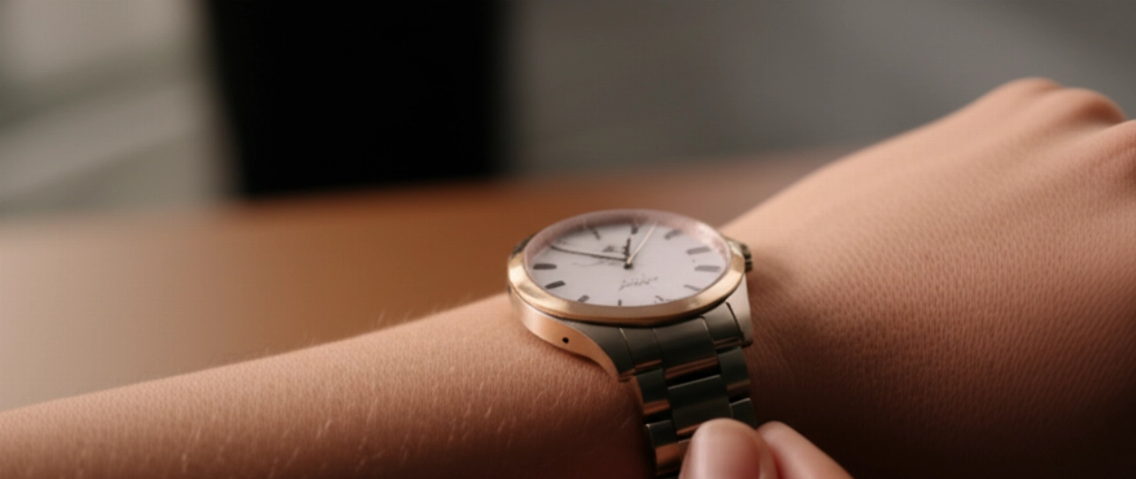 Inquadratura ravvicinata del polso di una persona caucasica che effettua una regolazione finale al bracciale di un orologio di alta qualità.