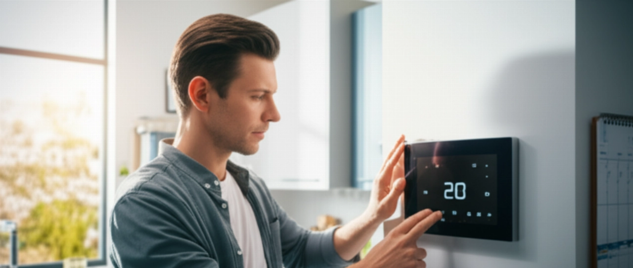 Un uomo caucasico imposta l'ora su un hub domestico intelligente in una cucina moderna, con un calendario organizzato sullo sfondo.