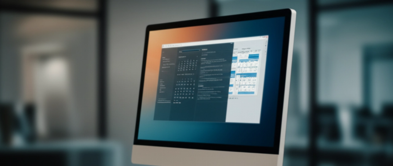 Schermata di impostazioni di data e ora su un monitor ad alta risoluzione, con una mano caucasica che si prepara a interagire.