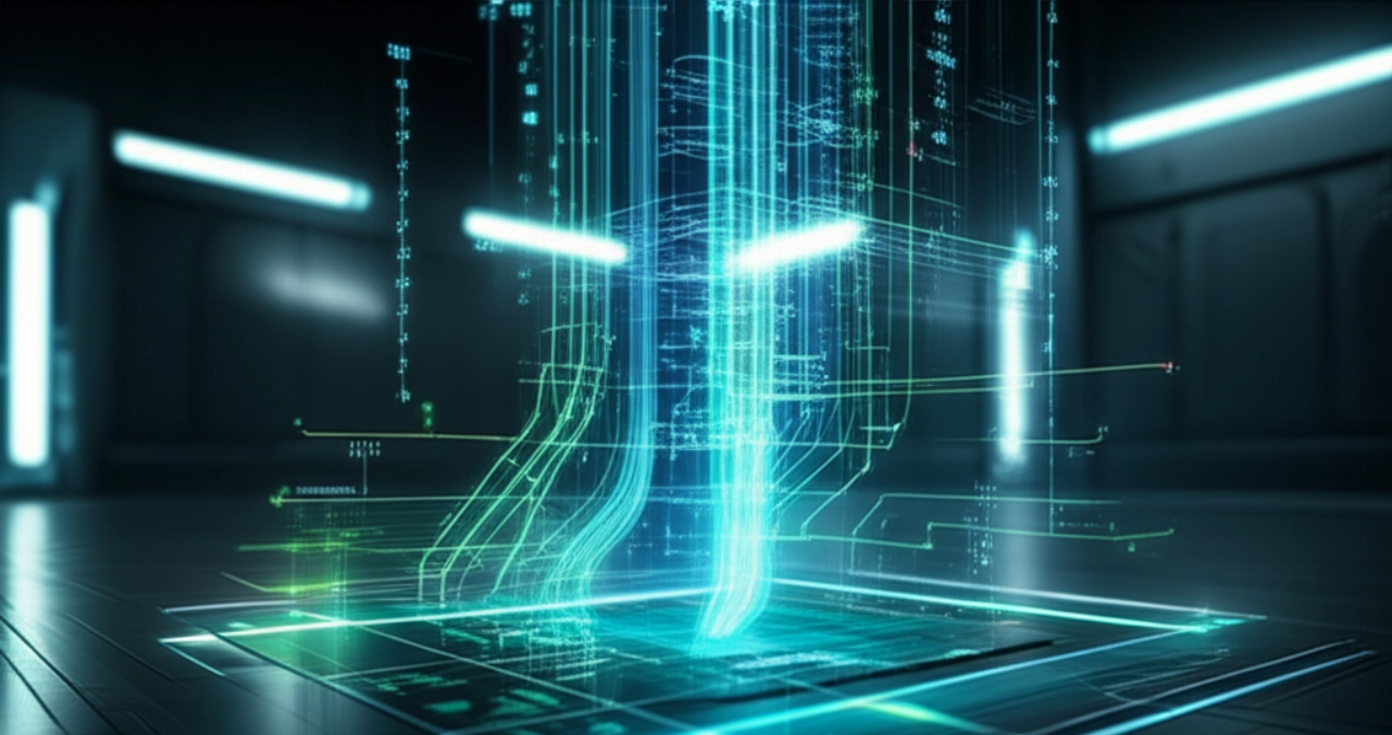 Visualizzazione iperrealistica di un display olografico che mostra dati complessi e linee luminose con precisione digitale.
