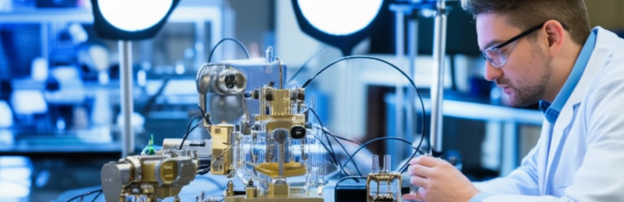 Scena iperrealistica di un laboratorio scientifico con uno scienziato caucasico che calibra un complesso dispositivo meccanico con precisione laser.
