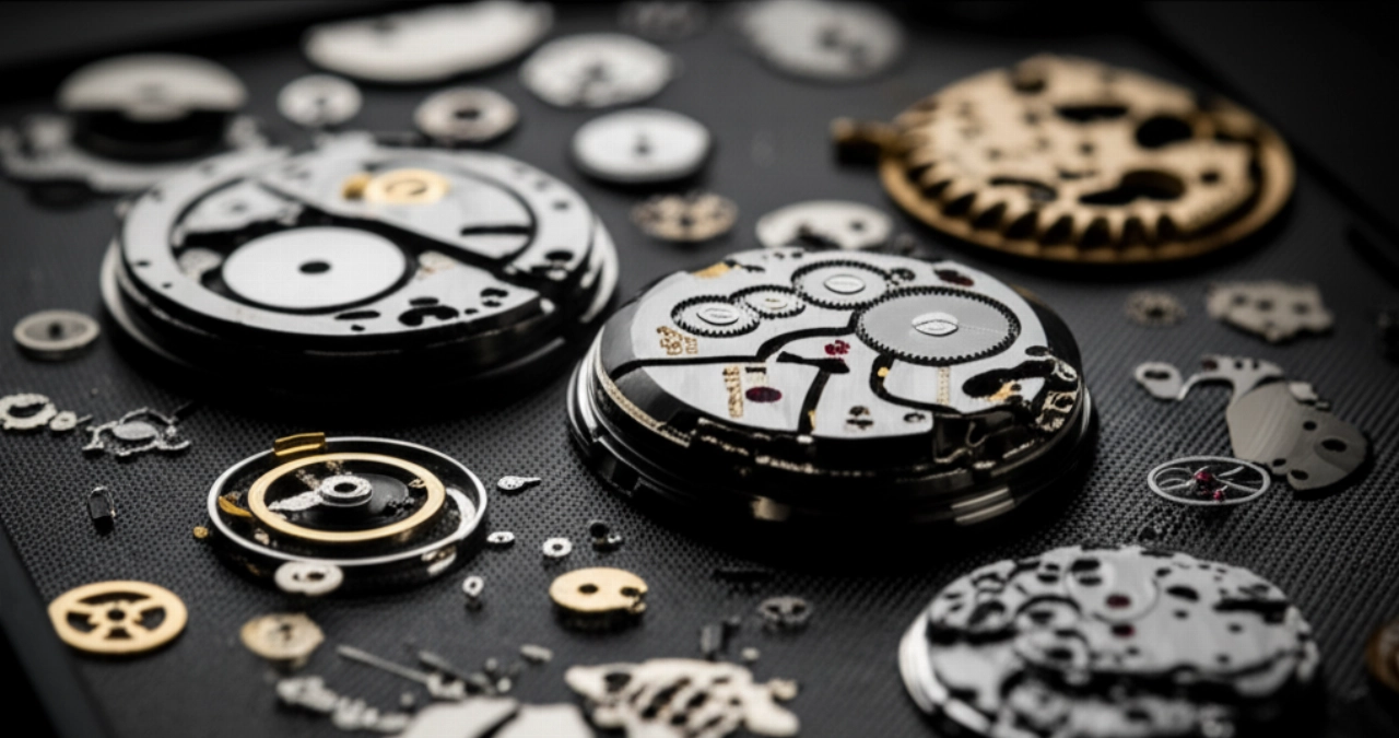 Vista ravvicinata e dettagliata del complesso meccanismo interno di un orologio automatico smontato.