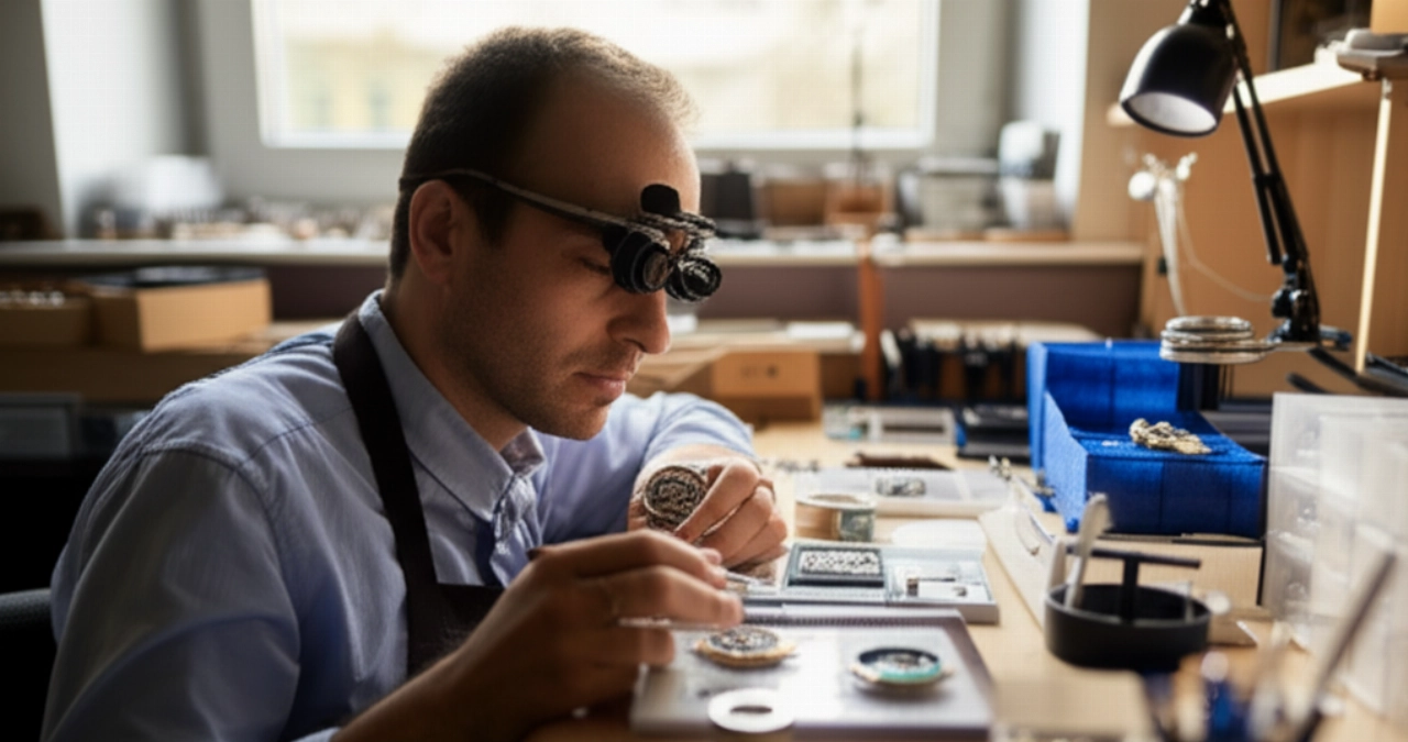 Un orologiaio caucasico professionista al lavoro su un orologio automatico, seduto al suo banco da lavoro ben organizzato.