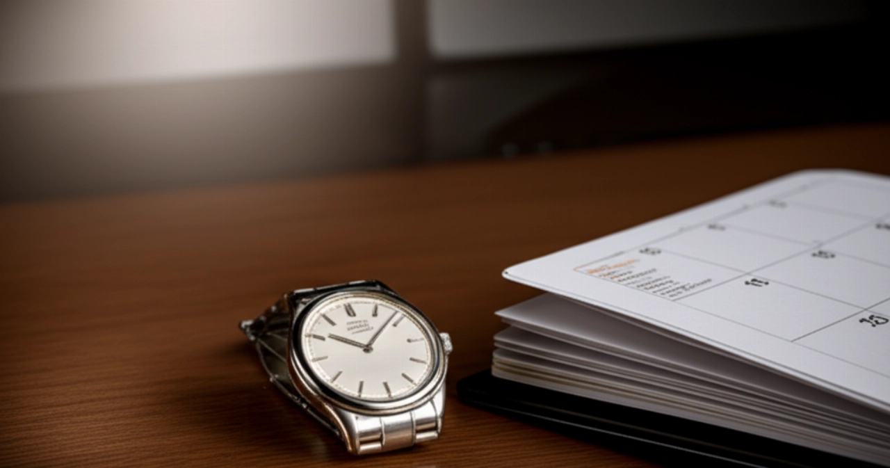 Immagine iperrealistica di un orologio di lusso classico su una scrivania in legno lucido, accanto a un'agenda aperta con una data evidenziata, a suggerire un appuntamento di manutenzione.