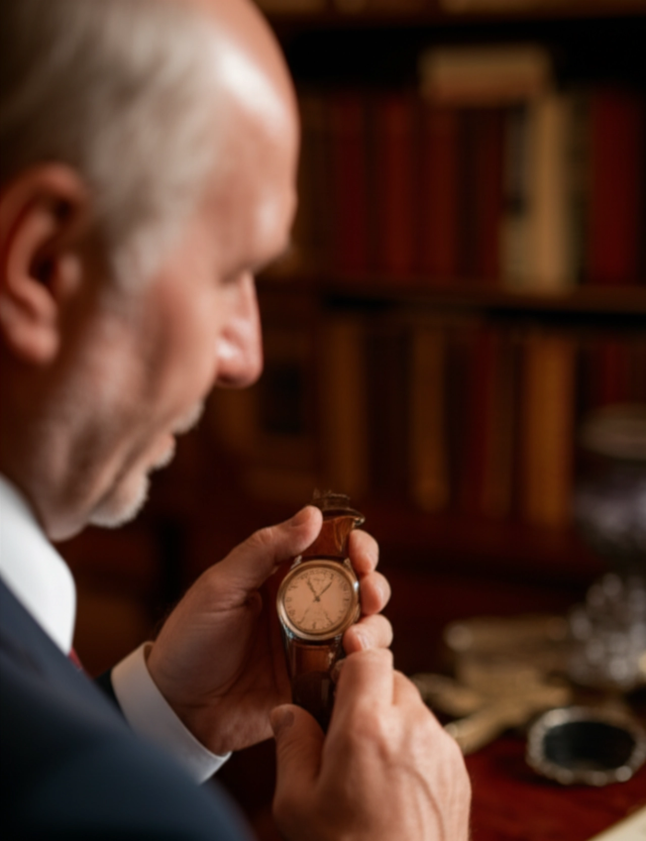Ritratto iperrealistico di un individuo caucasico che esamina con cura un orologio di lusso vintage ben conservato, in un ambiente caldo e raffinato, simboleggiando la longevità e la cura.
