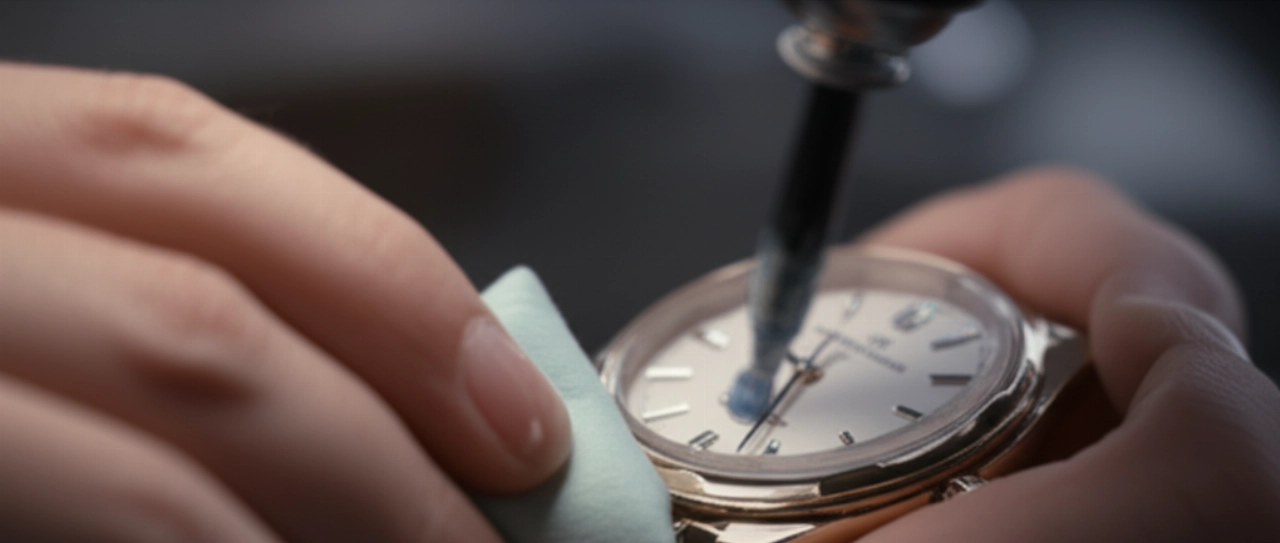 Mani caucasiche in primo piano, che lucidano con cura il vetro di un orologio da polso utilizzando un panno e una pasta specifica per rimuovere i graffi.