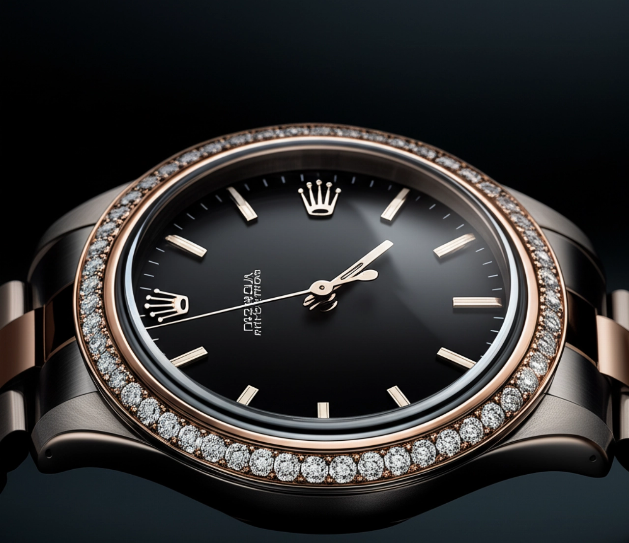 Un orologio da polso iperrealistico e perfettamente restaurato, con il vetro lucido e senza graffi, che riflette elegantemente la luce su uno sfondo scuro.