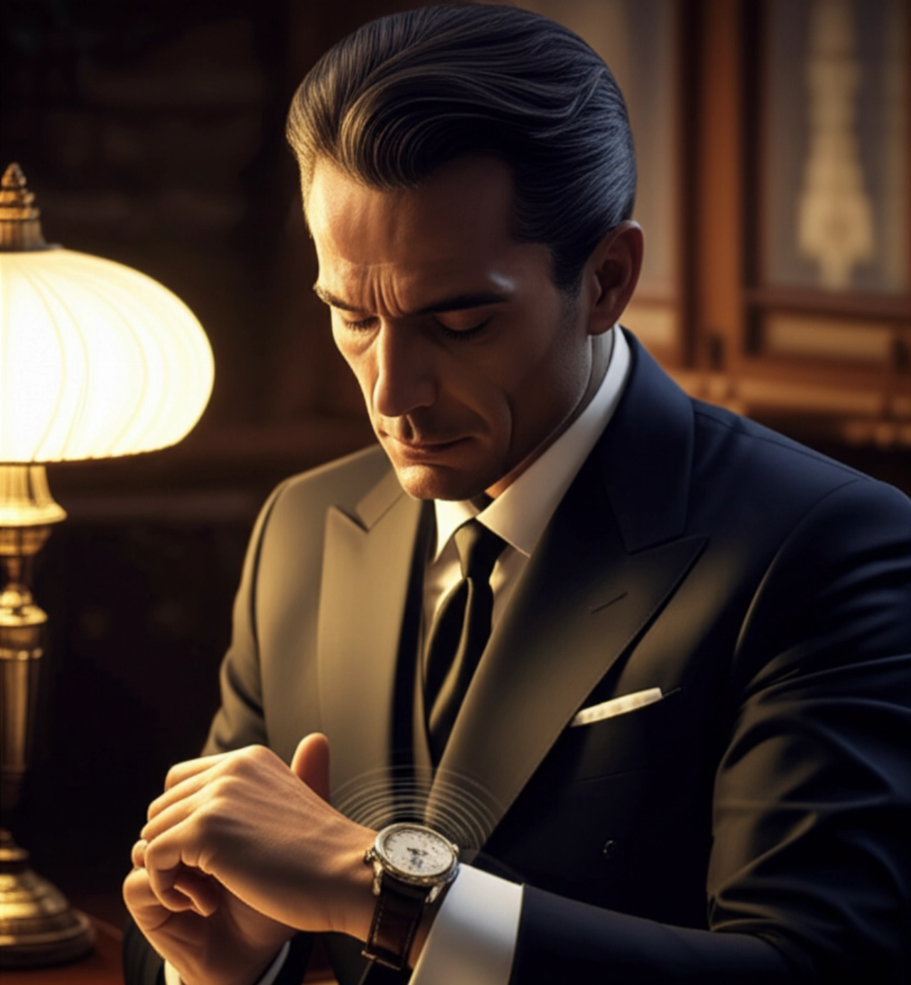 Un uomo caucasico elegante che attiva e ascolta attentamente un orologio ripetizione minuti al polso in uno studio lussuoso.