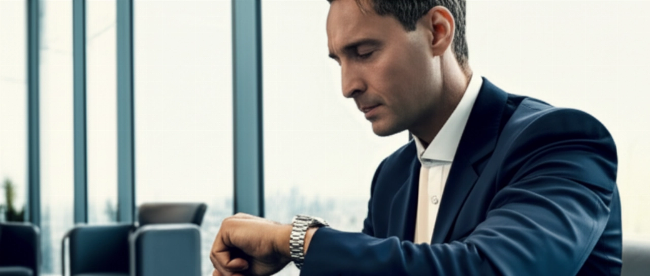 Un elegante uomo caucasico in completo blu navy osserva con calma un orologio di lusso al suo polso, seduto in una lounge moderna, con luce ambientale che ne esalta l'eleganza e la raffinatezza.