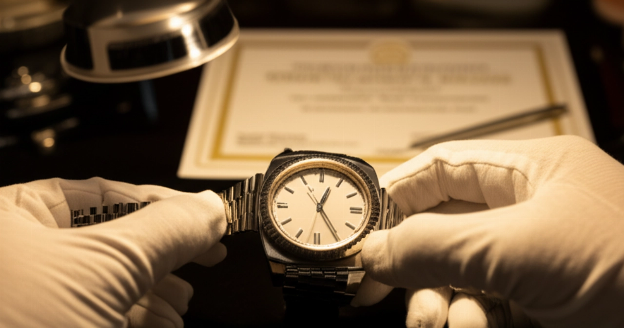 Mani caucasiche con guanti bianchi esaminano meticolosamente un orologio di lusso sotto una luce focalizzata, in un ambiente che suggerisce un'attenta ispezione o un processo di certificazione, evidenziando la precisione e l'affidabilità.