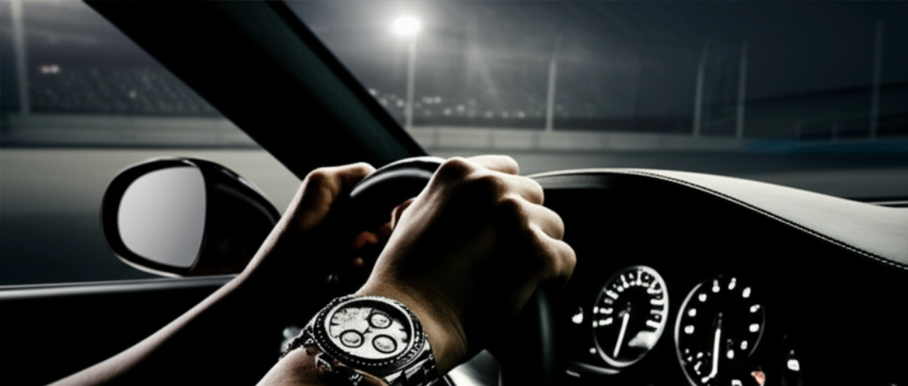 Scena iperrealistica di un uomo caucasico al volante di un'auto sportiva, con un Rolex Daytona al polso, luci della città riflesse sul parabrezza.