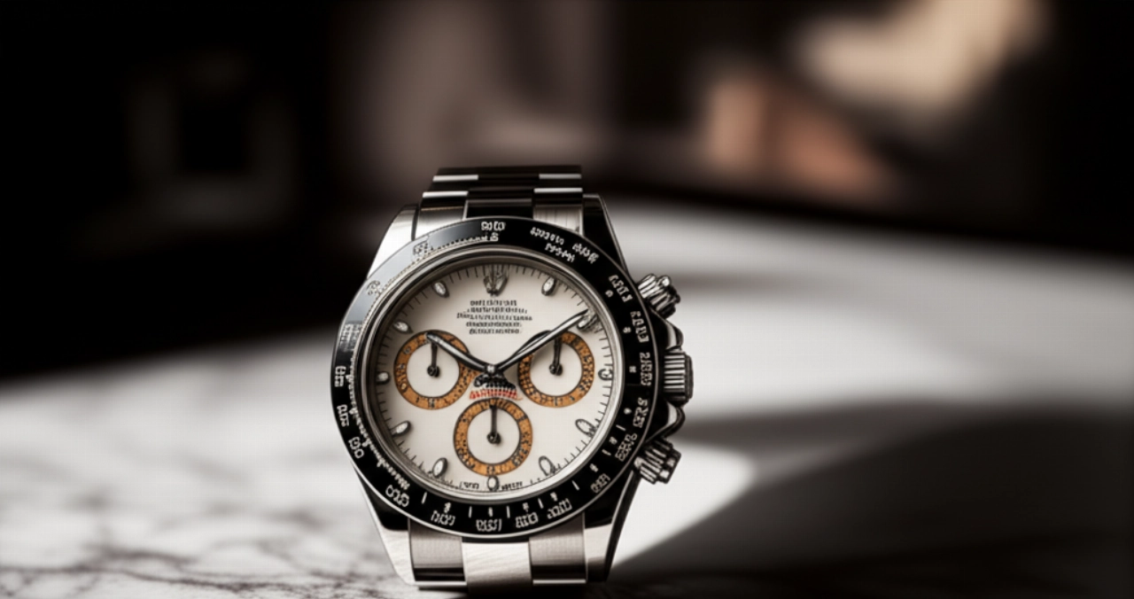 Composizione artistica iperrealistica di un orologio Rolex Daytona su una superficie di marmo, illuminato da un fascio di luce naturale che ne esalta i dettagli.