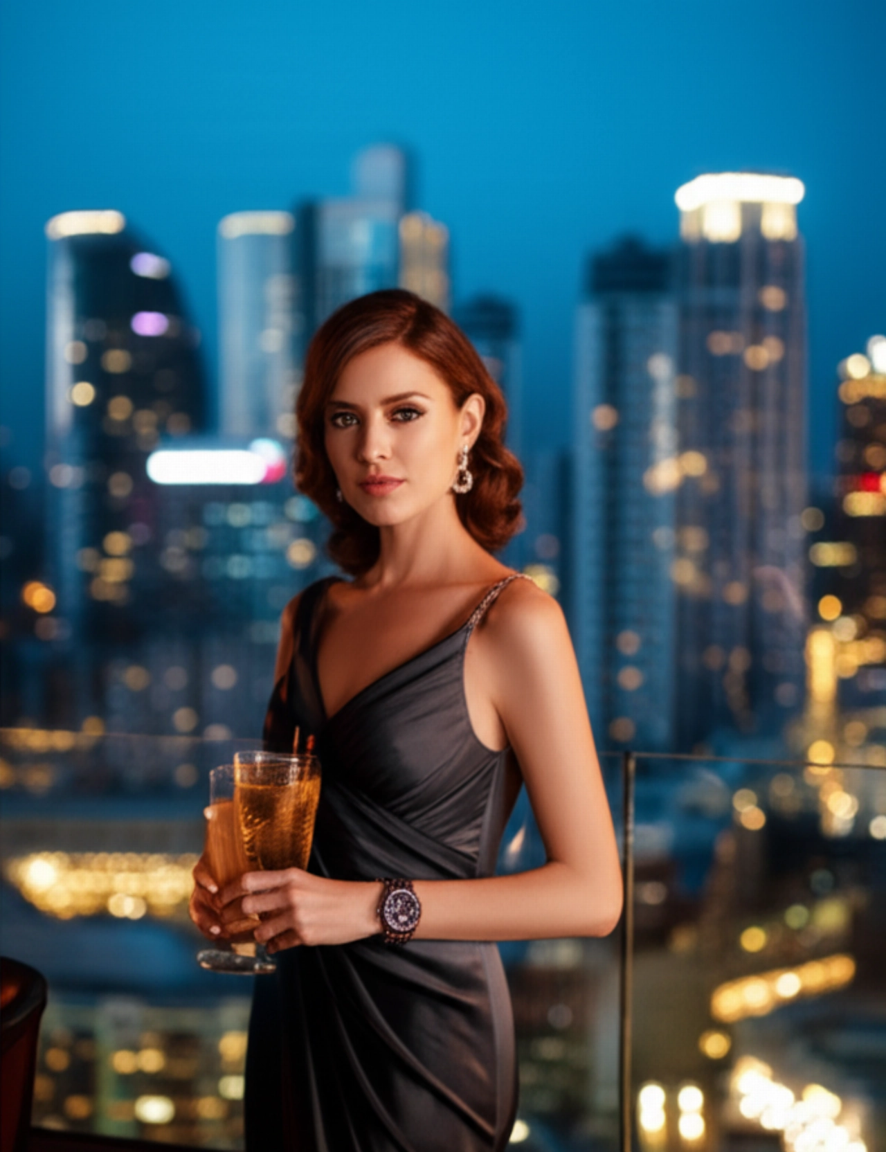 Un'immagine iperrealistica di un orologio di lusso con ghiera rossa e blu al polso di una donna caucasica elegante, su una terrazza panoramica con vista su una città illuminata al crepuscolo.