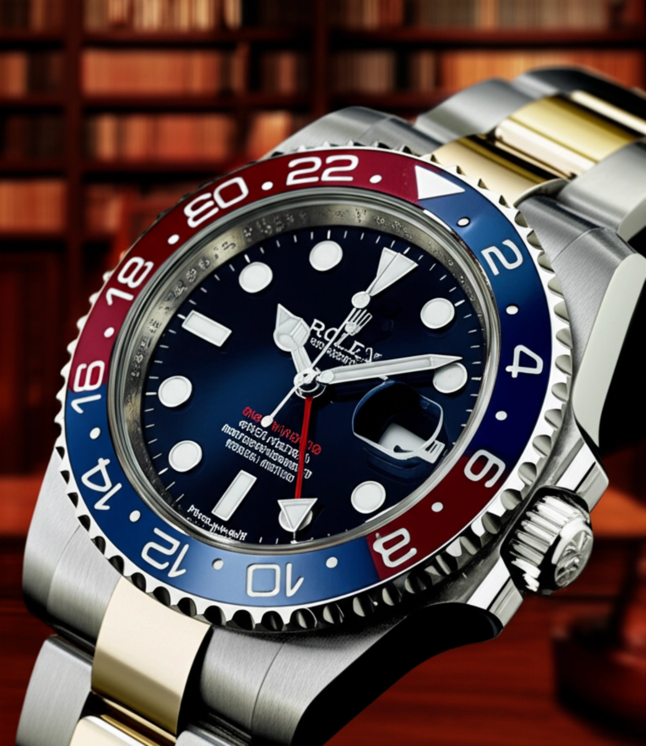 Un primo piano iperrealistico e dettagliato di un orologio di lusso con ghiera rossa e blu e bracciale in acciaio, posato su una scrivania in mogano scuro.