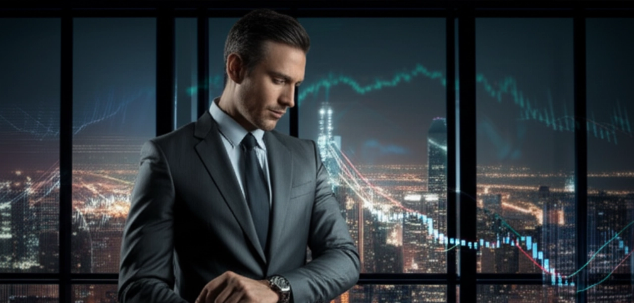 Ritratto iperrealistico di un uomo d'affari caucasico che osserva un orologio Rolex in un ufficio, con un paesaggio urbano che suggerisce il mercato azionario sullo sfondo.