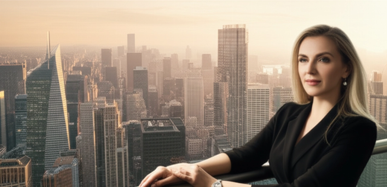 Scena iperrealistica di una donna caucasica su un balcone con un orologio Rolex al polso, che ammira una città all'alba, simbolo di successo finanziario.