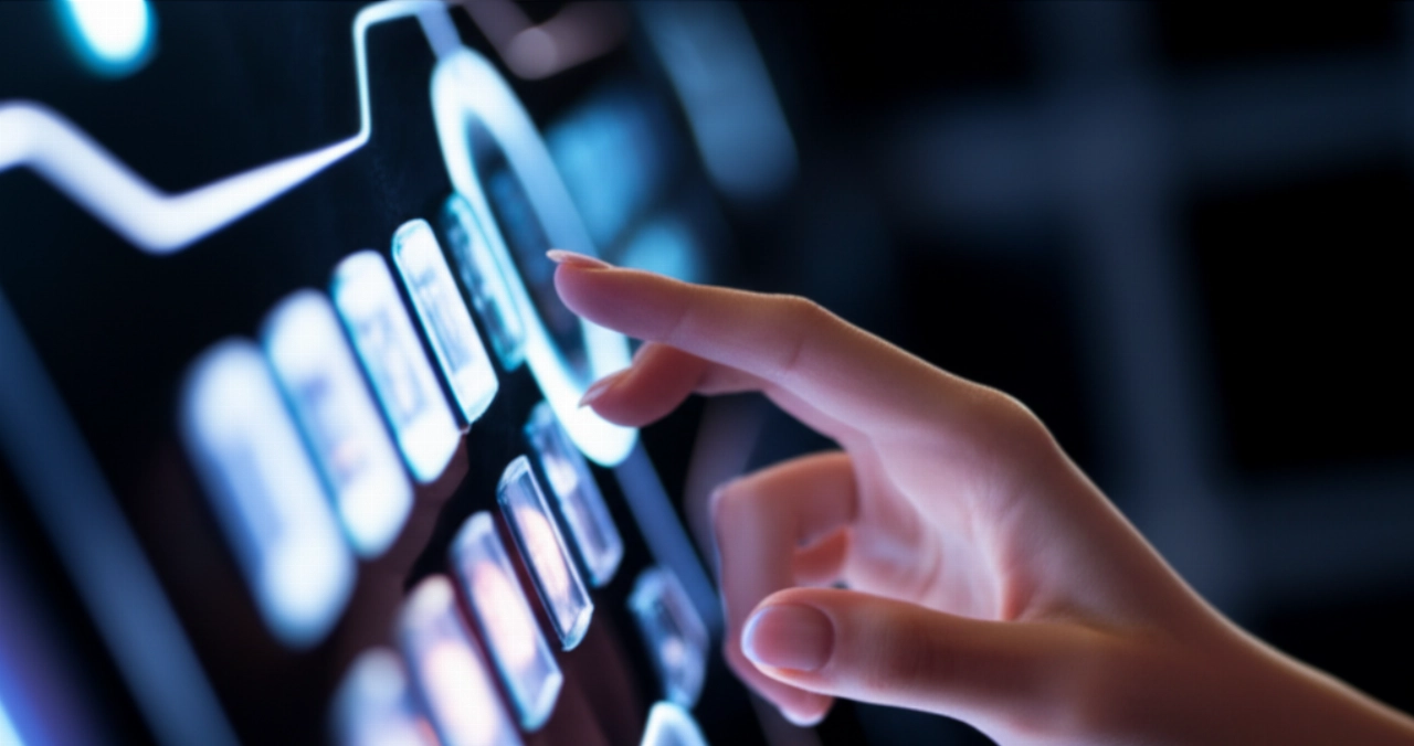 Mano caucasica di una donna che interagisce con un pannello di controllo futuristico, in un ambiente tecnologico, simboleggiando precisione e innovazione.
