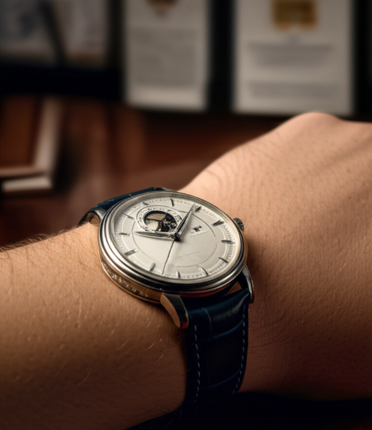 Immagine iperrealistica di un elegante orologio da polso maschile su un polso caucasico, poggiato su una scrivania in legno scuro, con luce naturale soffusa che ne esalta la raffinatezza.