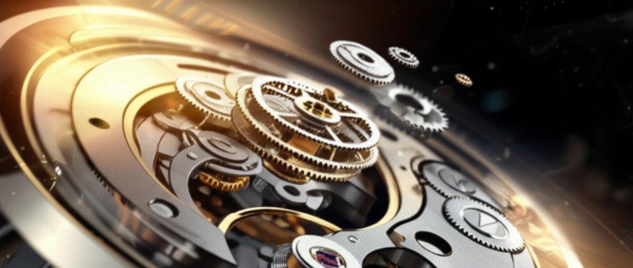 Immagine concettuale fotorealistica che evoca precisione e innovazione, con ingranaggi di orologio e componenti microscopici sospesi in uno spazio etereo e luminoso, attraversato da raggi di luce dorata.