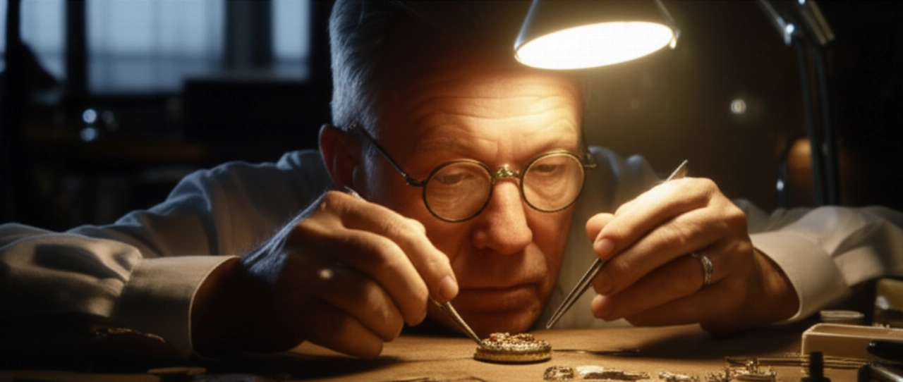 Scena iperrealistica di un maestro orologiaio caucasico, con le mani esperte, che lavora con precisione su un delicato meccanismo di orologio in un laboratorio tradizionale.