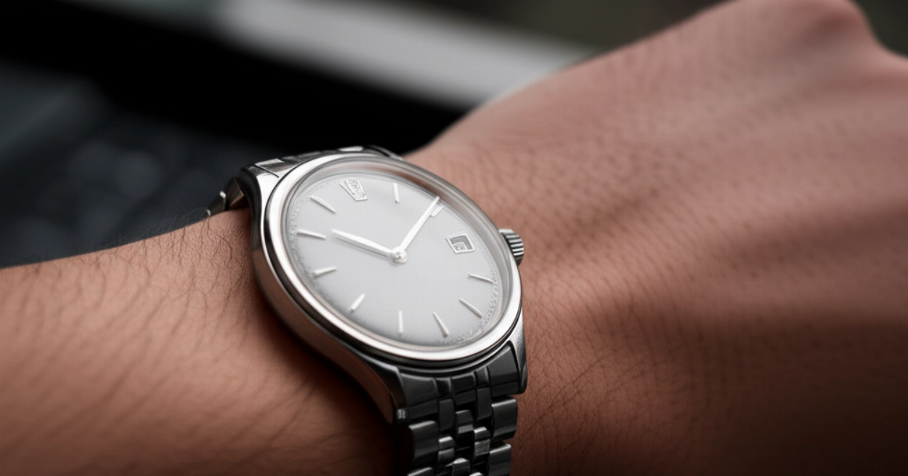 Polso di una persona caucasica con un orologio meccanico classico in un momento dinamico, che suggerisce resistenza agli urti e durabilità.