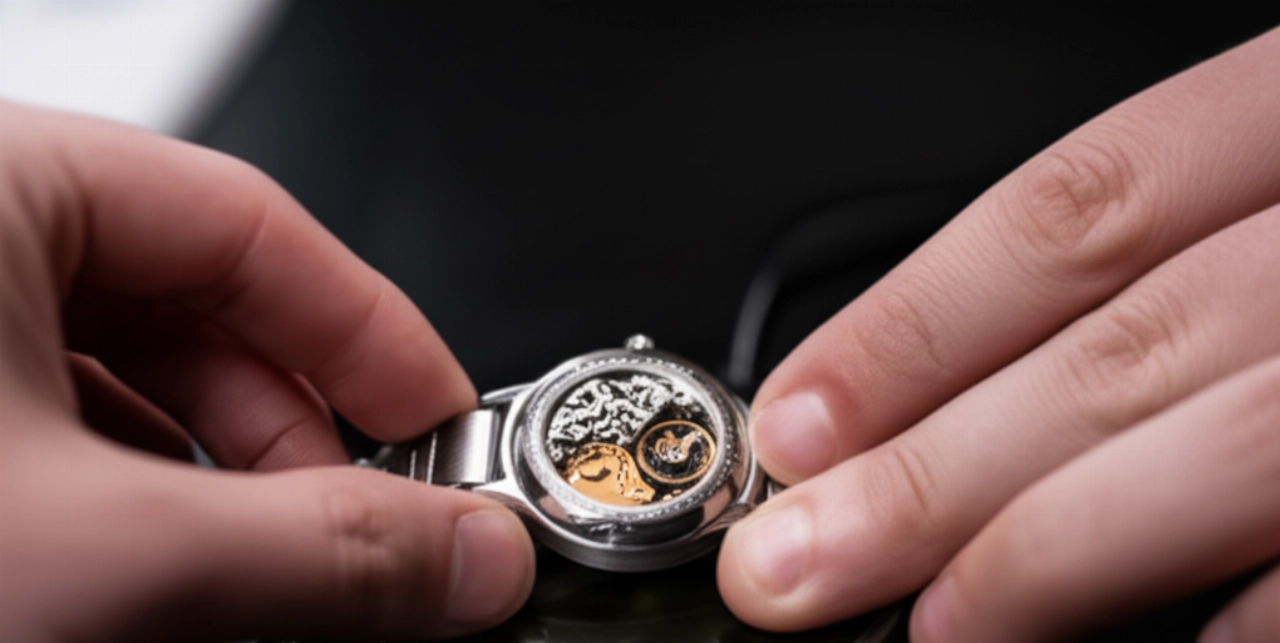 Mani caucasiche in primo piano, con cura, posizionano un orologio meccanico su un dispositivo di smagnetizzazione professionale, con dettagli nitidi e illuminazione da studio.