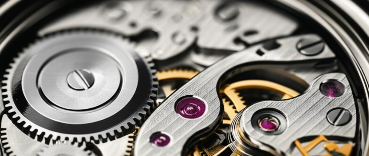Macro estrema iperrealistica dell'intricato movimento interno di un orologio meccanico di alta precisione, con ingranaggi e bilanciere perfettamente funzionanti, simbolo di smagnetizzazione riuscita.