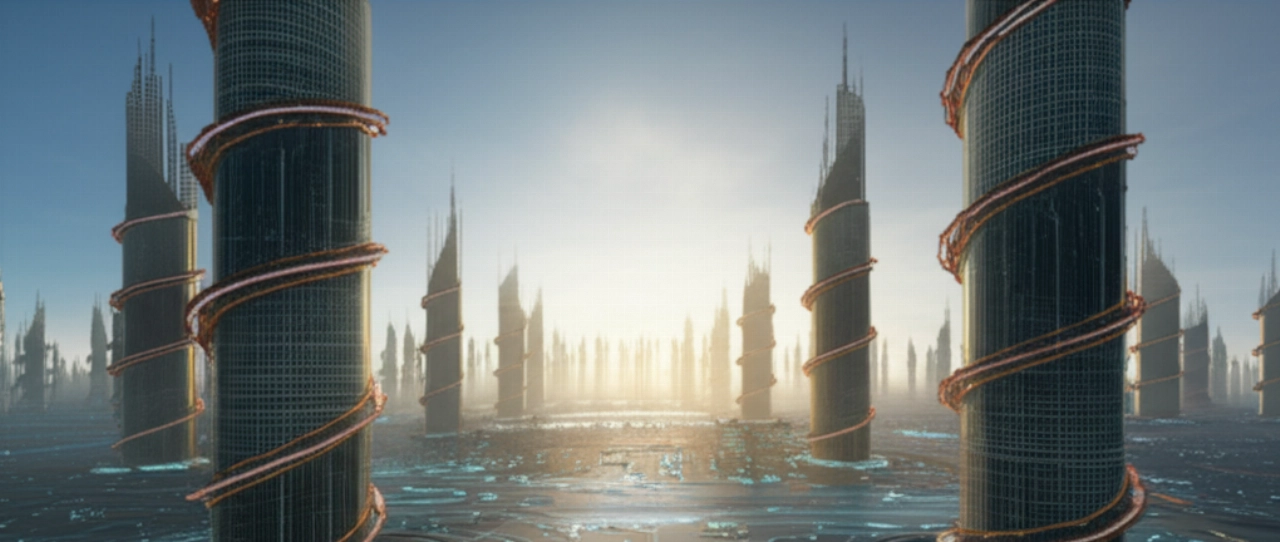 Un'ampia veduta iperrealistica di una futuristica città all'alba, con colossali strutture a spirale e percorsi luminosi simili a circuiti, che fondono architettura avanzata e tecnologia.