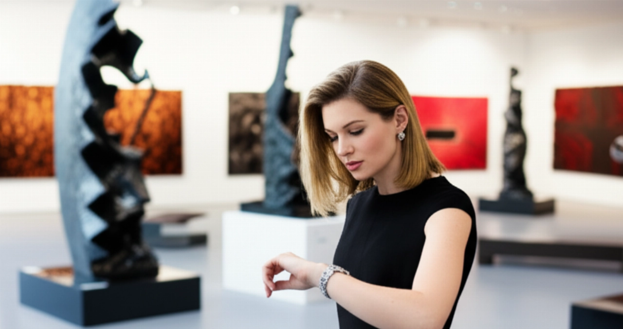 Una donna caucasica sofisticata, vestita elegantemente, ammira un orologio Hublot al polso in un ambiente di lusso contemporaneo, con un'architettura moderna e arte astratta sullo sfondo, incarnando l'Art of Fusion e lo stile di vita esclusivo del marchio