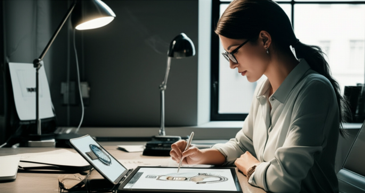 Una giovane designer caucasica in un moderno studio minimalista, schizza eleganti concetti di orologi su un tablet digitale, con una luce naturale che illumina l'ambiente e un orologio dal design pulito sul tavolo, evocando innovazione e precisione.