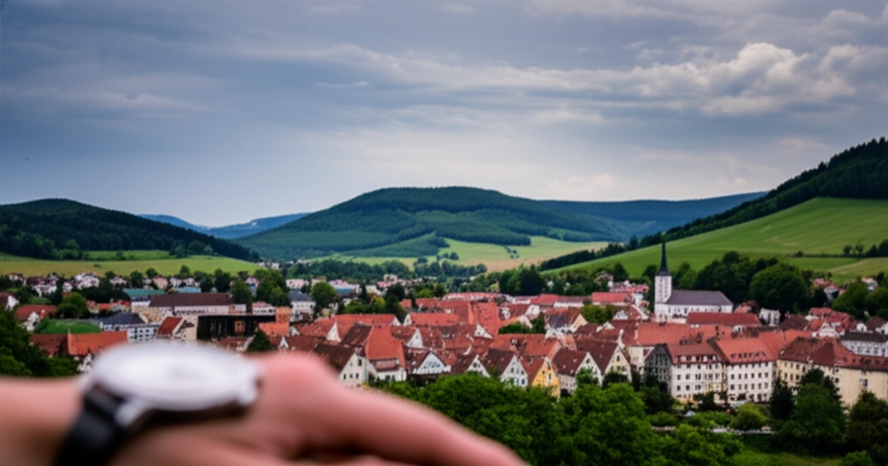 Una maestosa fotografia paesaggistica iperrealistica della pittoresca città di Glashütte, Sassonia, con le sue tradizionali architetture e le verdi colline, che evoca la ricca storia orologiera e la precisione del luogo, con un accenno sottile a un orolog