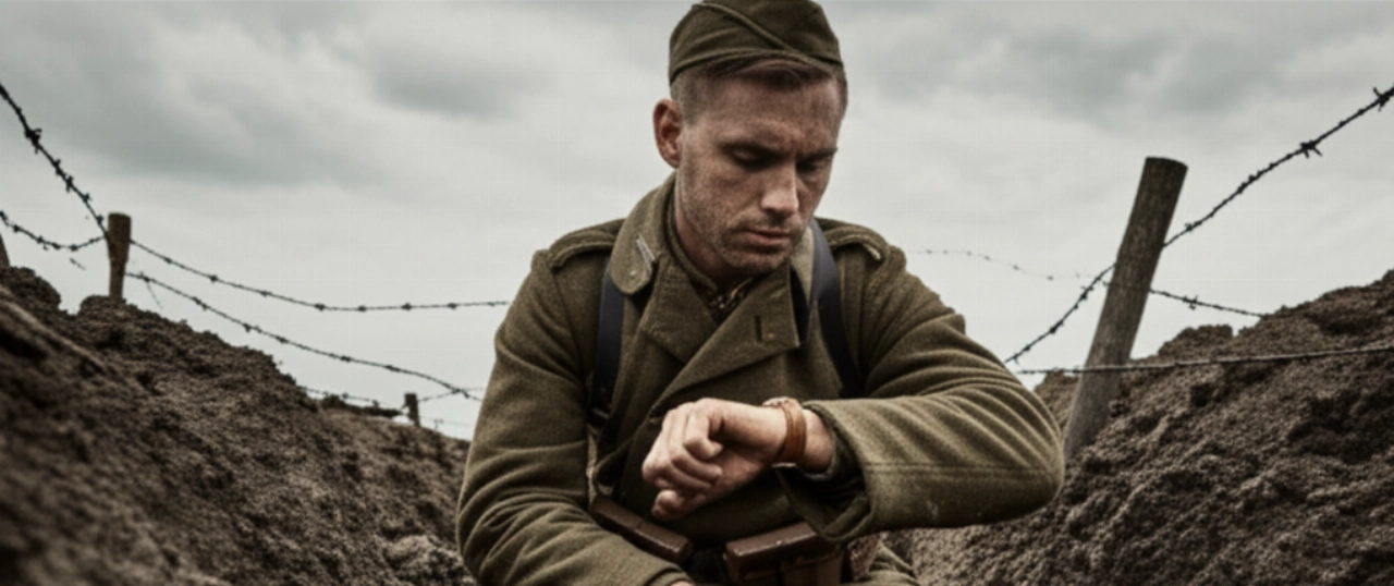 Un soldato caucasico della Prima Guerra Mondiale controlla l'ora sul suo orologio da polso in una trincea fangosa, evidenziando l'importanza del segnatempo in guerra.