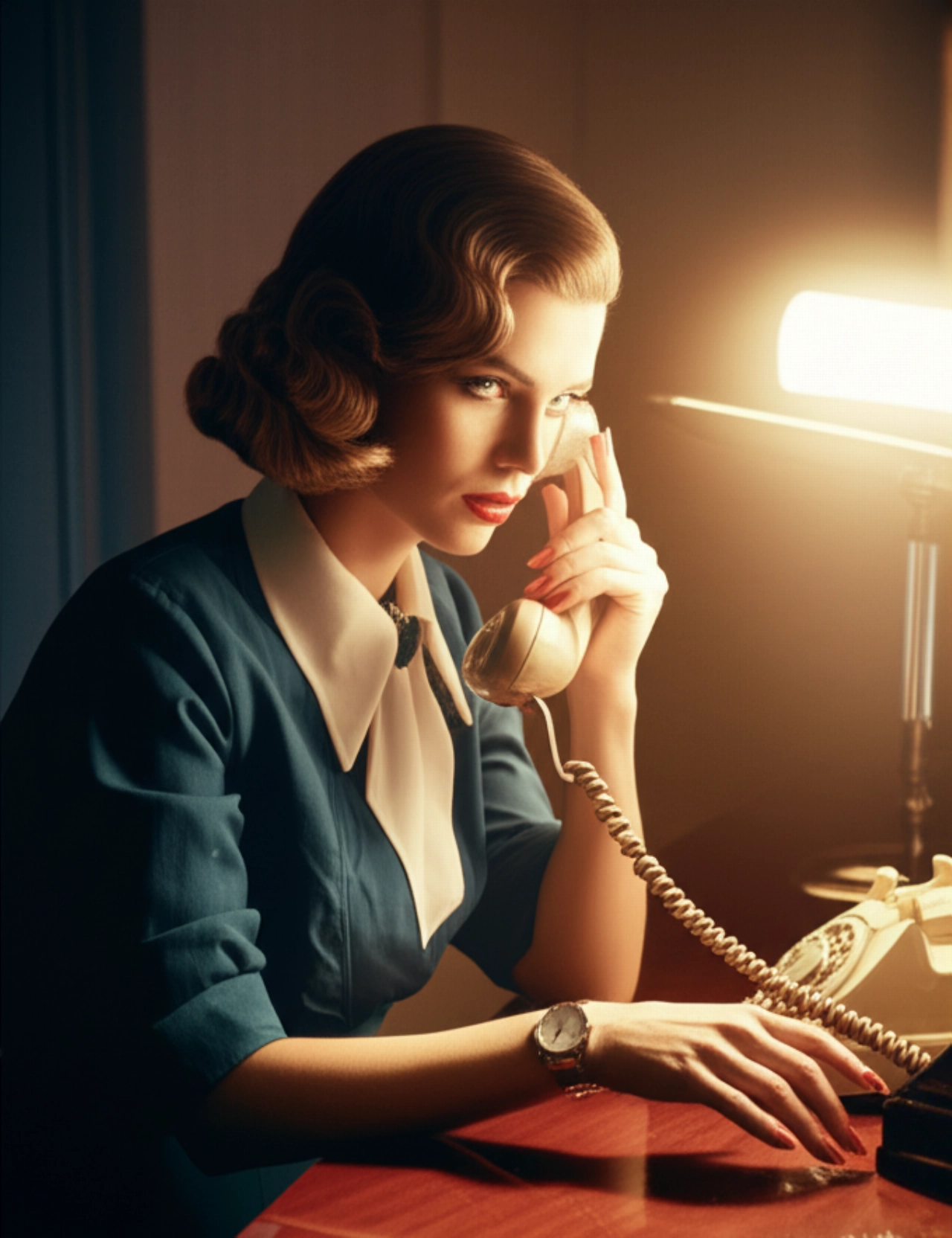 Una donna caucasica elegantemente vestita degli anni '50 mostra un orologio da polso raffinato in un ufficio moderno, simboleggiando l'orologio come accessorio di moda e status.