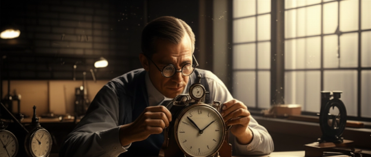 Scena iperrealistica di un laboratorio di orologeria d'epoca, con un artigiano caucasico intento ad assemblare uno strumento di precisione. L'ambiente è illuminato da luce naturale, evocando l'officina Panerai.