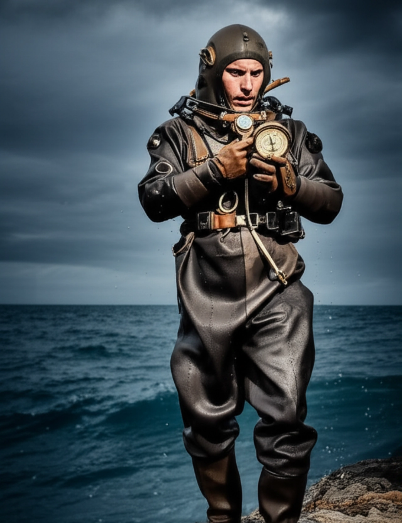 Sommozzatore della Marina Militare italiana degli anni '40, caucasico, emerge dal mare su una costa rocciosa, esaminando uno strumento Panerai d'epoca. L'atmosfera è drammatica e resiliente.
