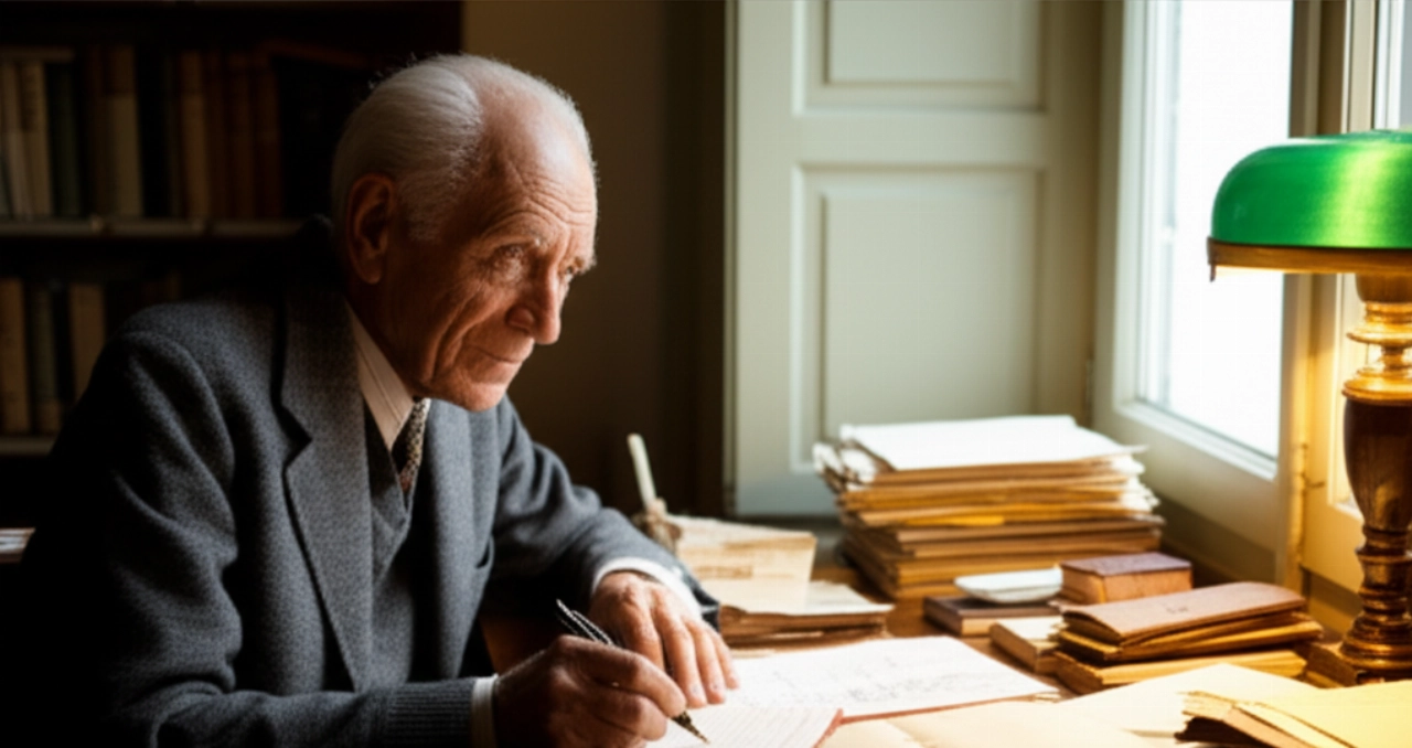 Ritratto iperrealistico di Jean Piaget, anziano uomo caucasico, seduto alla sua scrivania in uno studio, intento a scrivere appunti con espressione pensosa e concentrata.