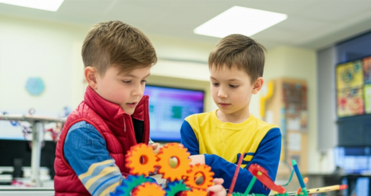 Due bambini caucasici, uno più grande e uno più piccolo, collaborano per risolvere un complesso puzzle tridimensionale in un laboratorio scolastico luminoso, mostrando curiosità e interazione.