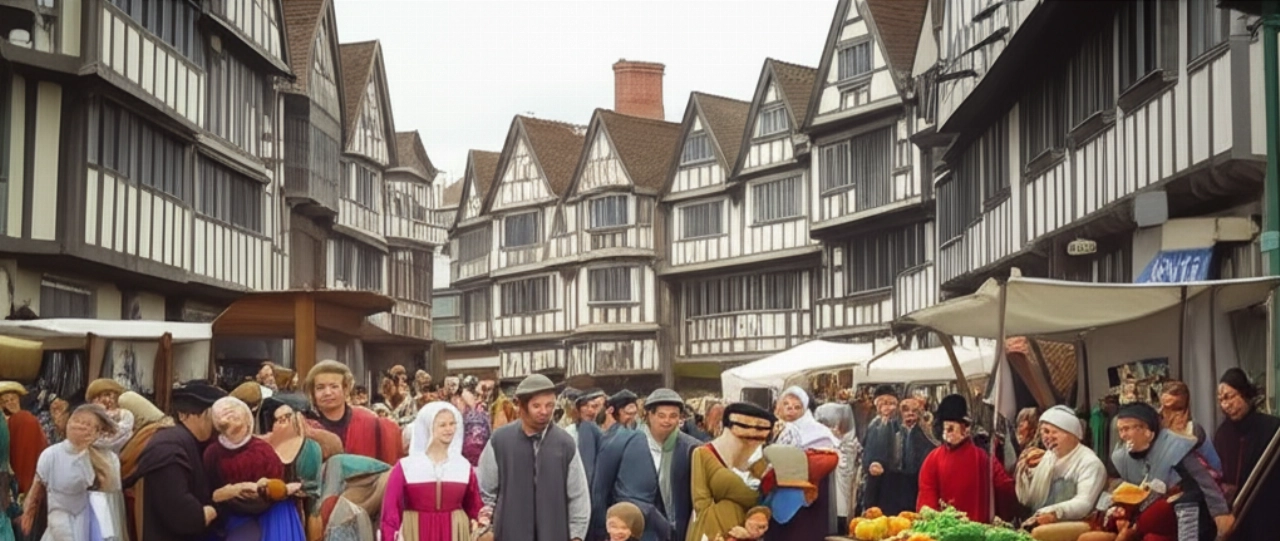 Scena iperrealistica di un vivace mercato Tudor a Londra, con mercanti e gente comune tra bancarelle e edifici storici.