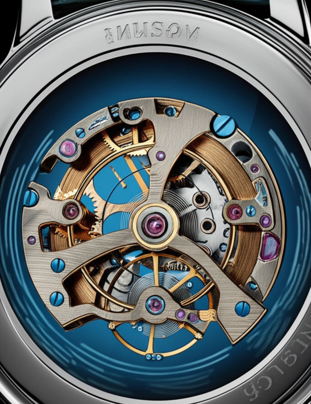 Primo piano iperrealistico di un complesso meccanismo tourbillon di un orologio, con ingranaggi e rubini, su sfondo blu sfumato.