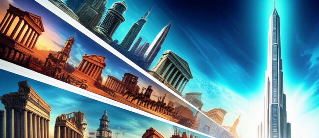 Immagine simbolica che mostra la progressione storica, da rovine antiche a strutture futuristiche, rappresentando l'evoluzione verso un culmine.