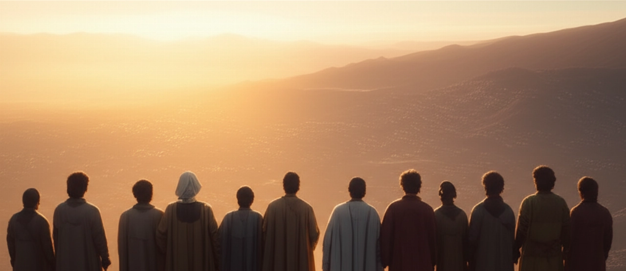 Un gruppo di persone caucasiche su un'altura all'alba, che guardano un paesaggio illuminato, simboleggiando il raggiungimento di un culmine storico e un futuro di speranza.