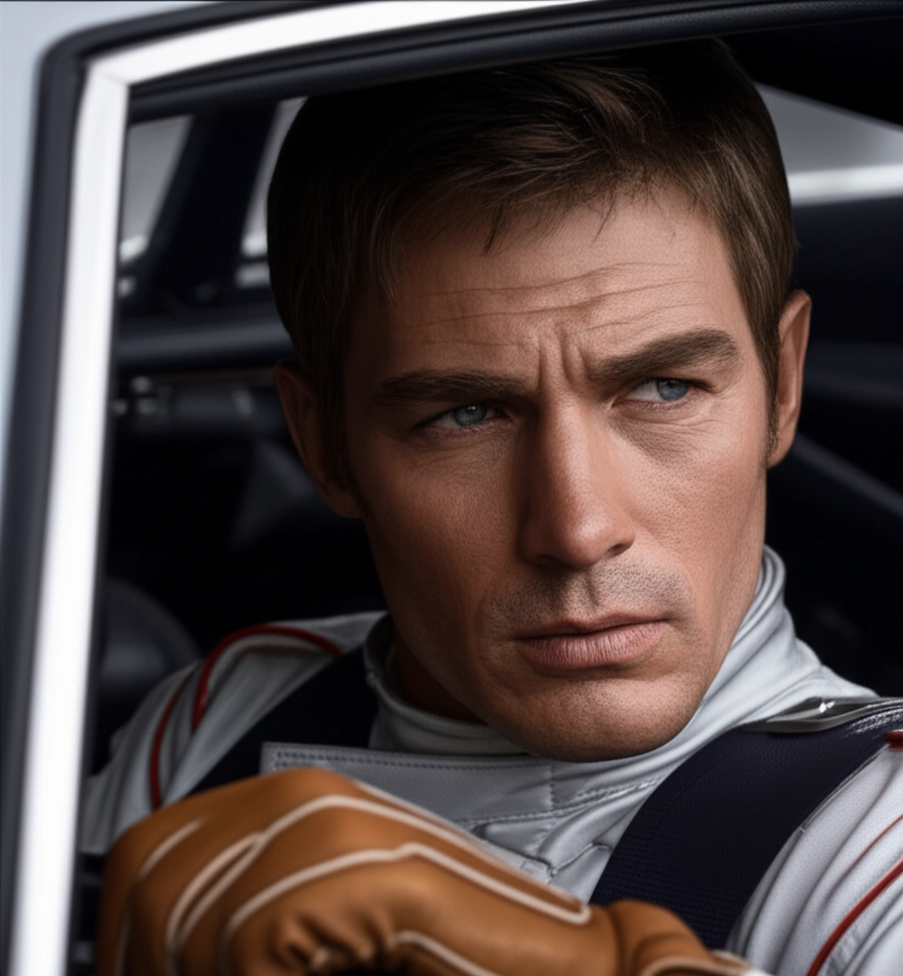 Un uomo caucasico, con lo sguardo intenso, seduto nell'abitacolo di un'auto sportiva d'epoca, in un ritratto fotorealistico.
